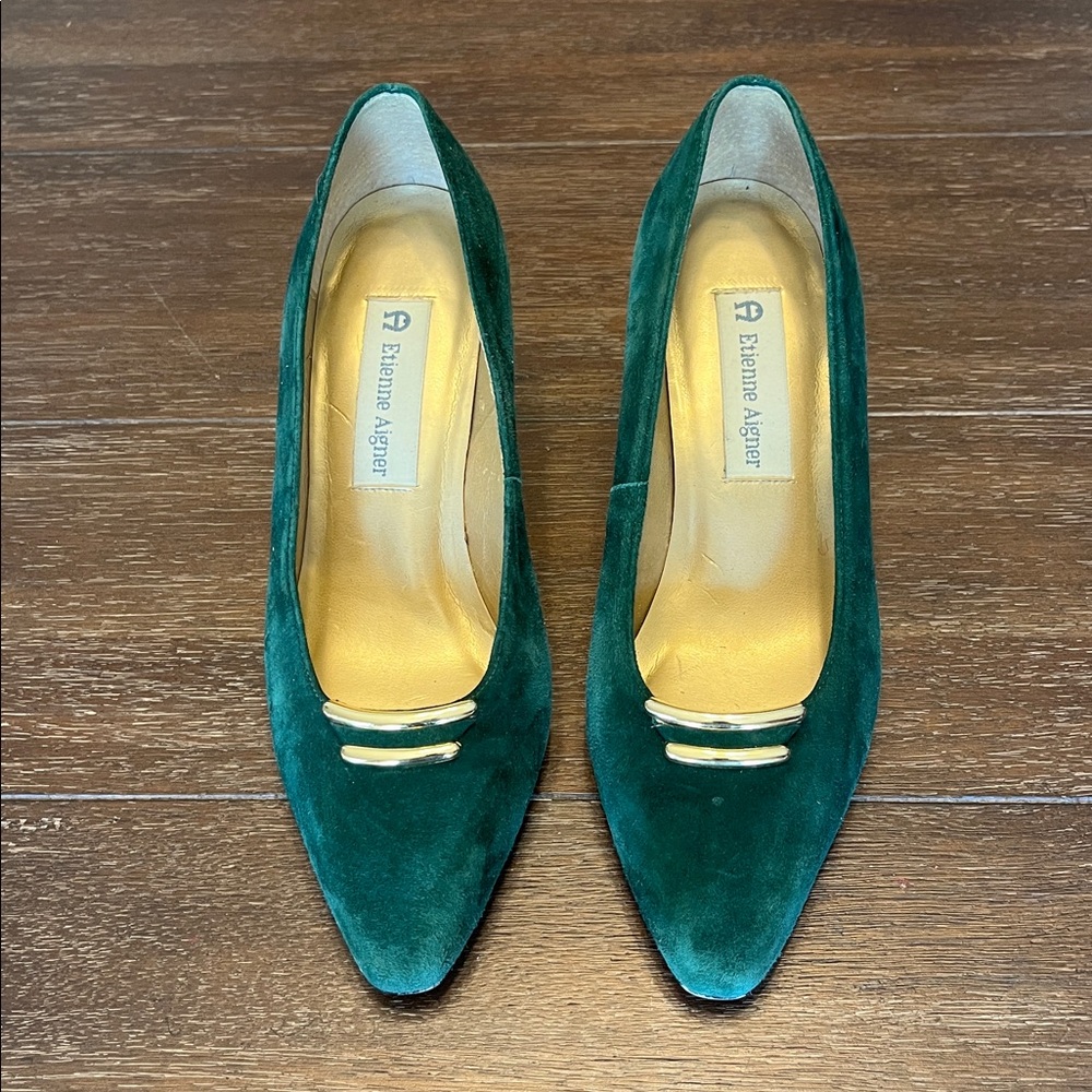 Etienne Aigner Emerald Suede Heels with Gold Detail